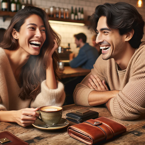 DALL·E 2023-11-02 19.58.14 - Photo of a woman with Latina descent and a man with South Asian descent sitting in a cafe. They are engaged in a lively conversation with bursts of la