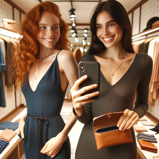 DALL·E 2023-11-02 20.03.39 - Photo of two joyful women in a bright, modern clothing store. One woman, with long curly red hair, is trying on a sleek navy blue dress and admiring h