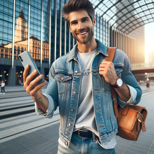 DALL·E 2023-11-02 20.04.46 - Photo of a cheerful man around 30 years old, with a lean physique, sporting trendy streetwear composed of a casual t-shirt, a light denim jacket, and